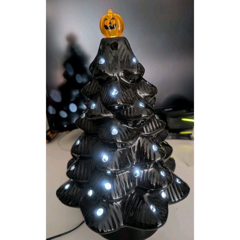 Mr. Christmas Jack-o'-lantern 14" Black Ceramic Halloween Tree With/Orange Bulbs - Picture 10 of 11